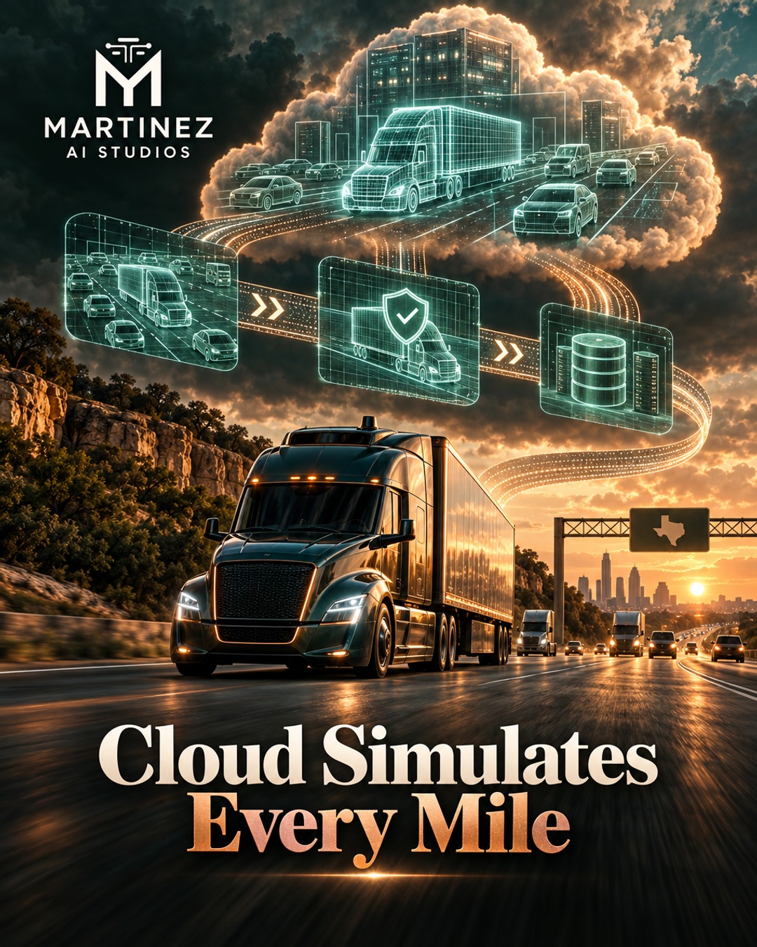 AI-generated editorial illustration: Cloud Simulates Every Mile