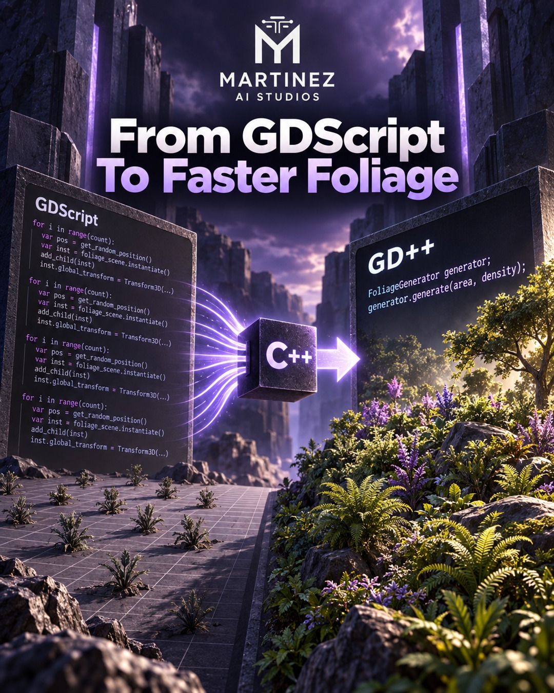 AI-generated editorial illustration: From GDScript To Faster Foliage