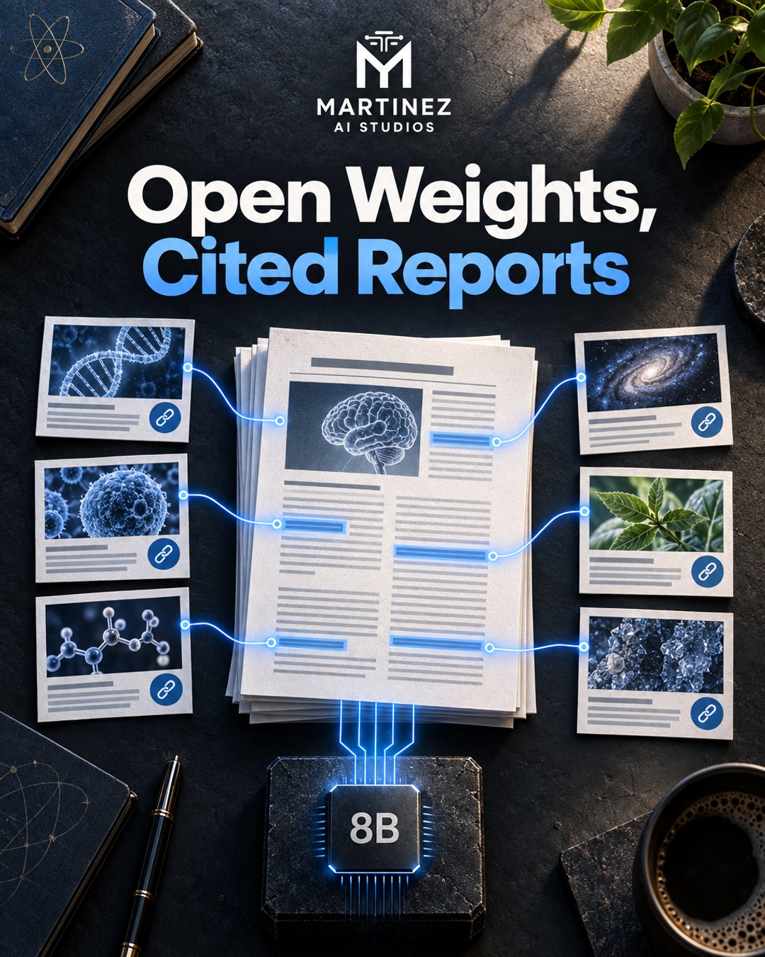 AI-generated editorial illustration: Open Weights, Cited Reports