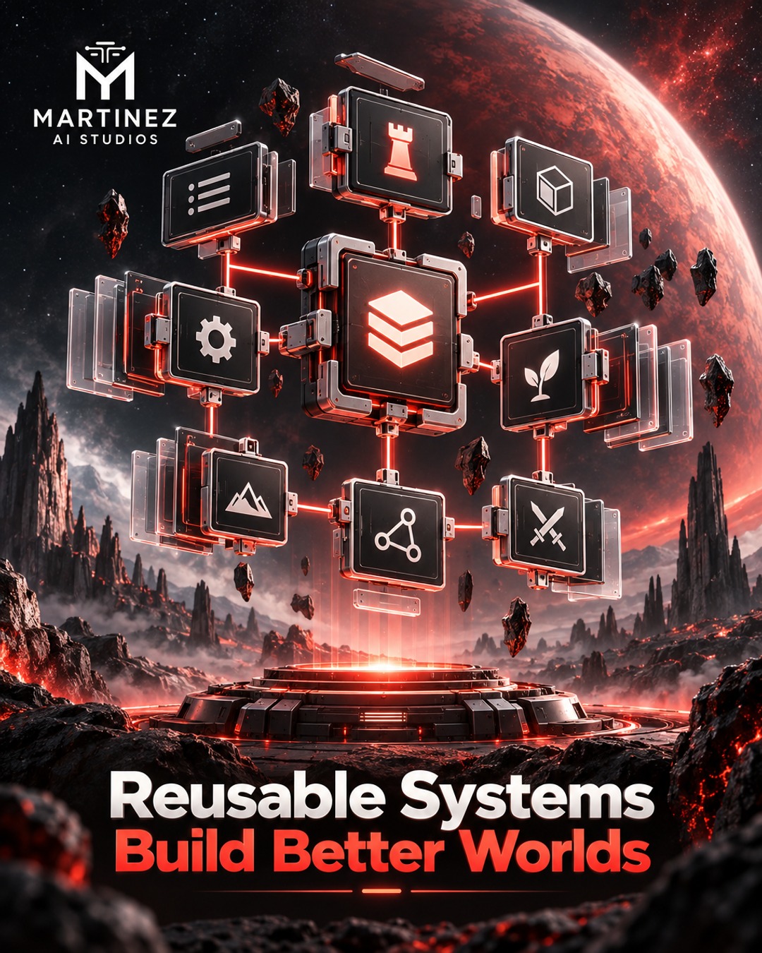 AI-generated editorial illustration: Reusable Systems Build Better Worlds