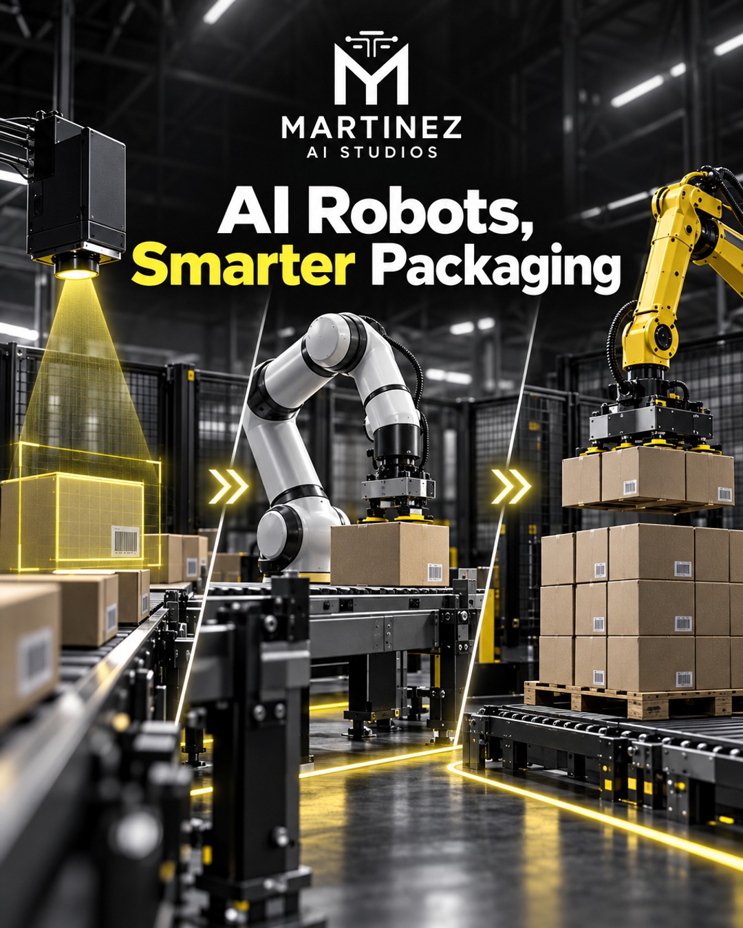 AI-generated editorial illustration: AI Robots, Smarter Packaging