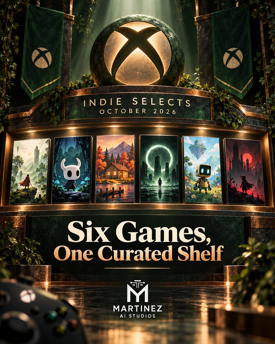 AI-generated editorial illustration: Six Games, One Curated Shelf