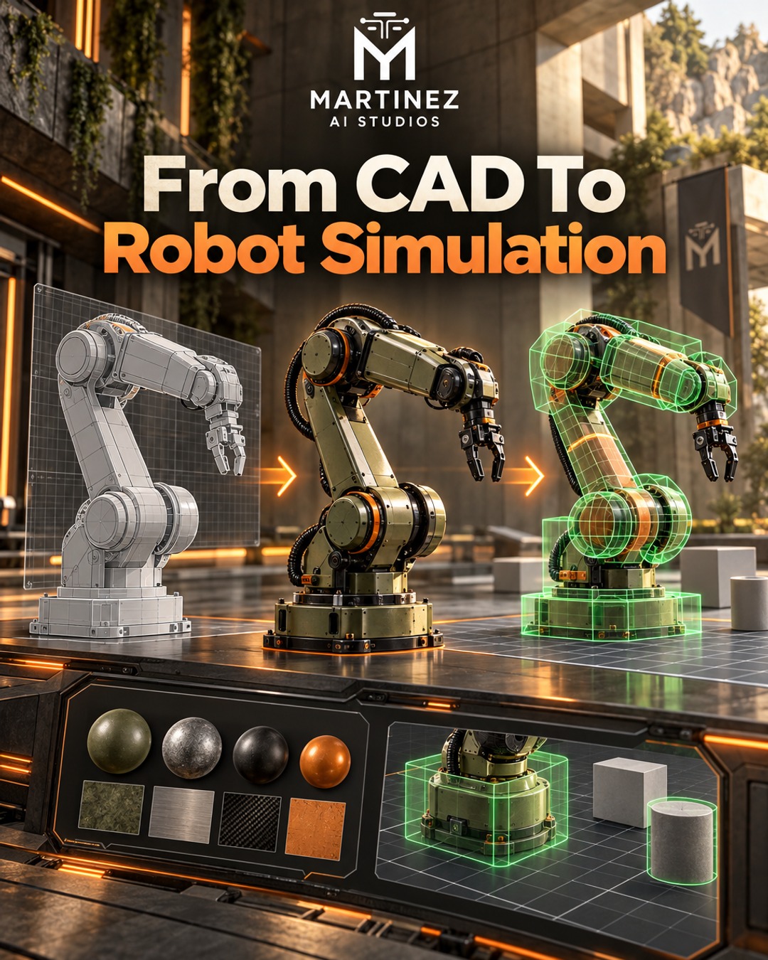 AI-generated editorial illustration: From CAD To Robot Simulation
