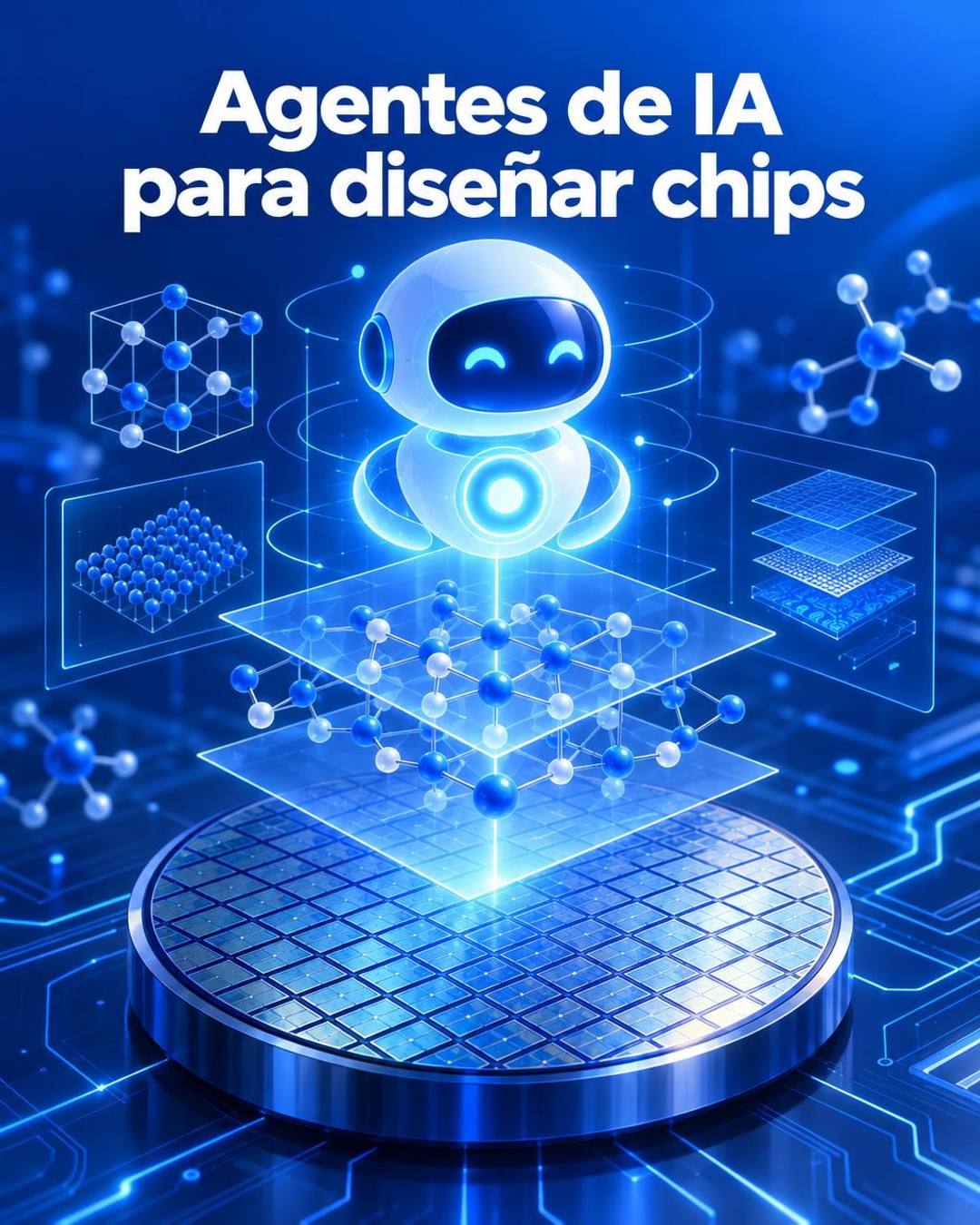 Ilustración editorial conceptual de un agente de inteligencia artificial coordinando una simulación molecular sobre una oblea de semiconductor, con estructuras atómicas, circuitos y elementos de datos en azul y blanco; no es una fotografía documental.