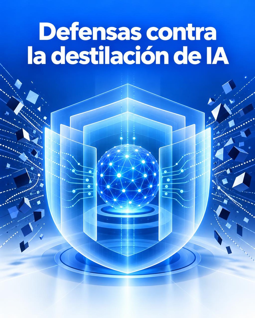 Ilustración editorial conceptual en formato vertical sobre la defensa de modelos de inteligencia artificial: una estructura abstracta azul y blanca protege un núcleo luminoso frente a patrones fragmentados que representan intentos de extracción de capacidades. Incluye únicamente el título «Defensas contra la destilación de IA» como texto visible. No es una fotografía ni representa una interfaz o instalación real.
