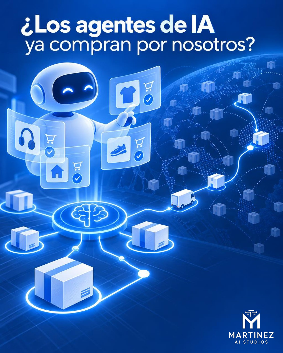Ilustración editorial conceptual en formato vertical sobre agentes de inteligencia artificial gestionando pedidos digitales: una interfaz abstracta conecta un agente de software con paquetes y una ruta de entrega. Paleta azul y blanca, sin apariencia de fotografía documental.