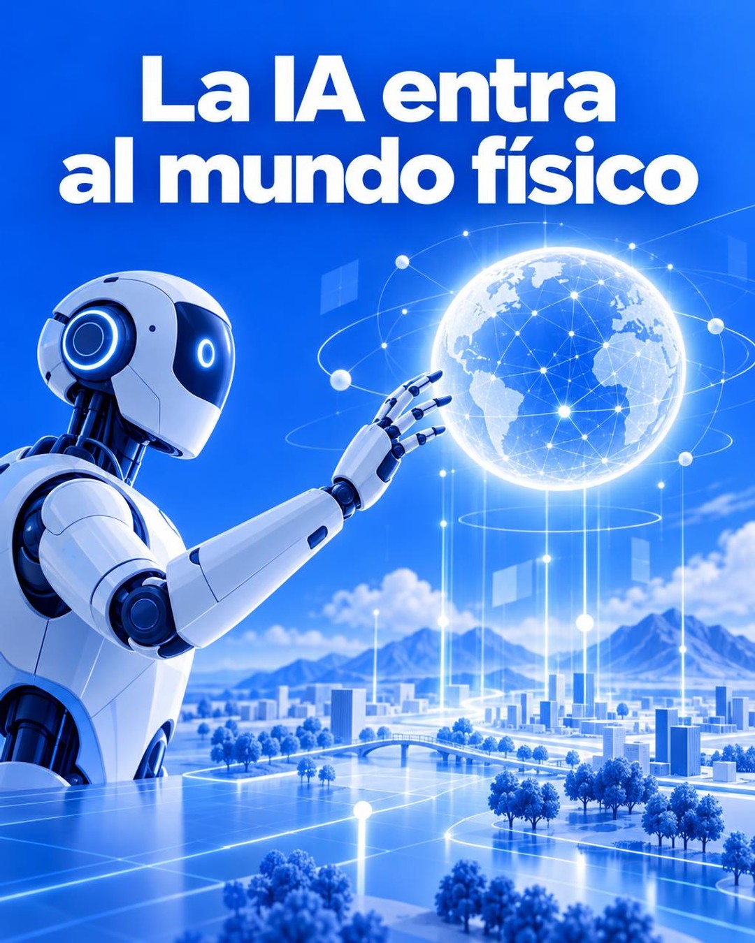 Ilustración editorial conceptual de un robot humanoide azul y blanco interactuando con un entorno abstracto de datos, simulación y elementos geométricos, inspirada en la evolución de la inteligencia artificial hacia el mundo físico.