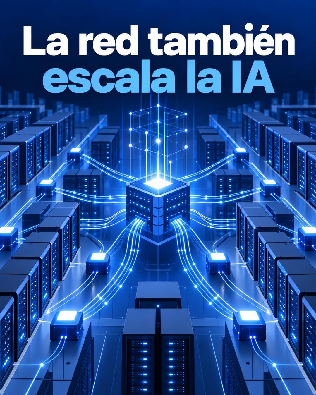 Ilustración editorial conceptual, no fotografía documental, de una red de centros de datos de inteligencia artificial con módulos ópticos conectables de alta densidad representados como nodos luminosos azules y blancos, cables ordenados y flujos de datos; incluye únicamente el título “La red también escala la IA”.