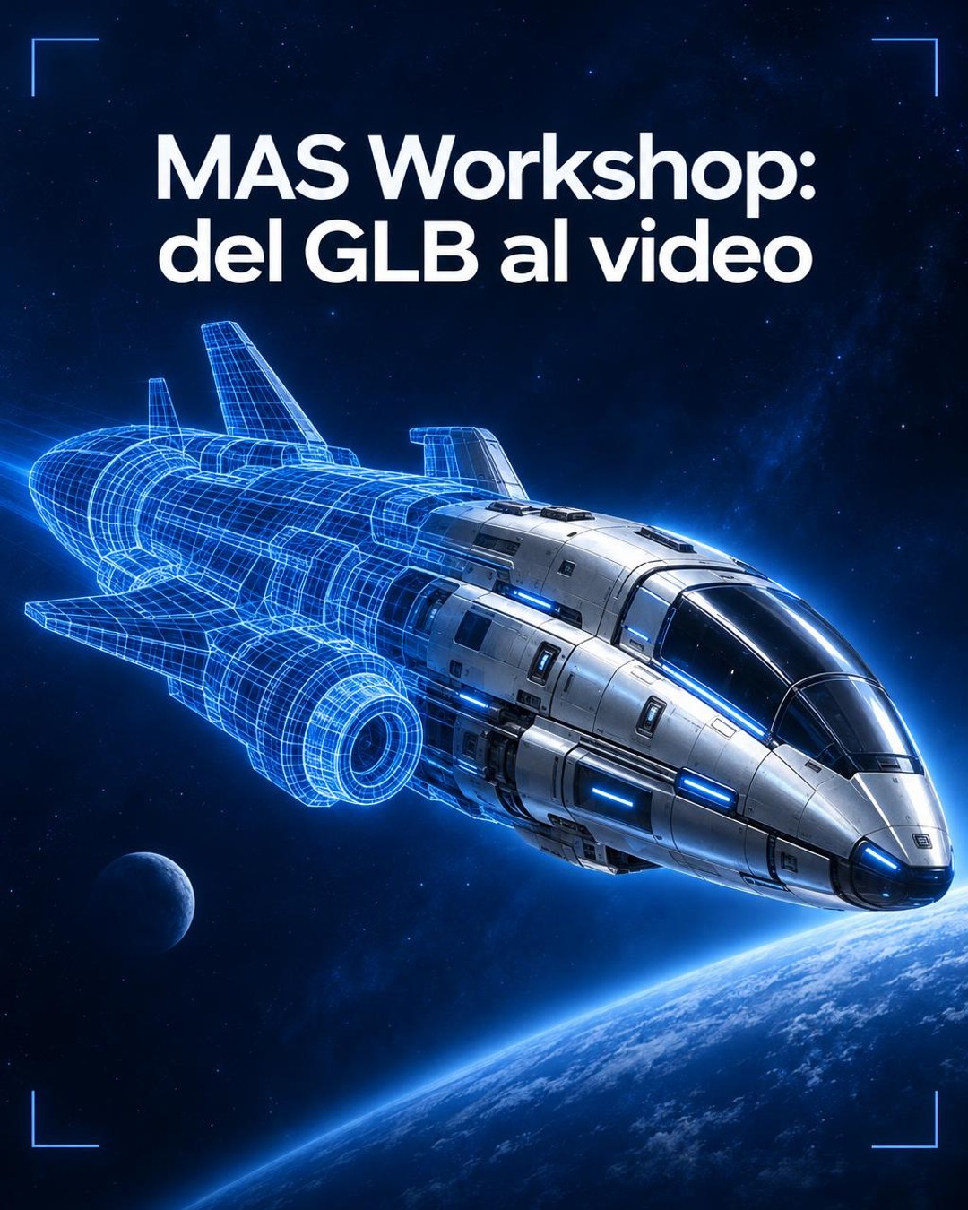 Ilustración conceptual azul y blanca de un modelo 3D de nave que pasa de una vista de malla a una presentación de video; no representa una captura de la aplicación.