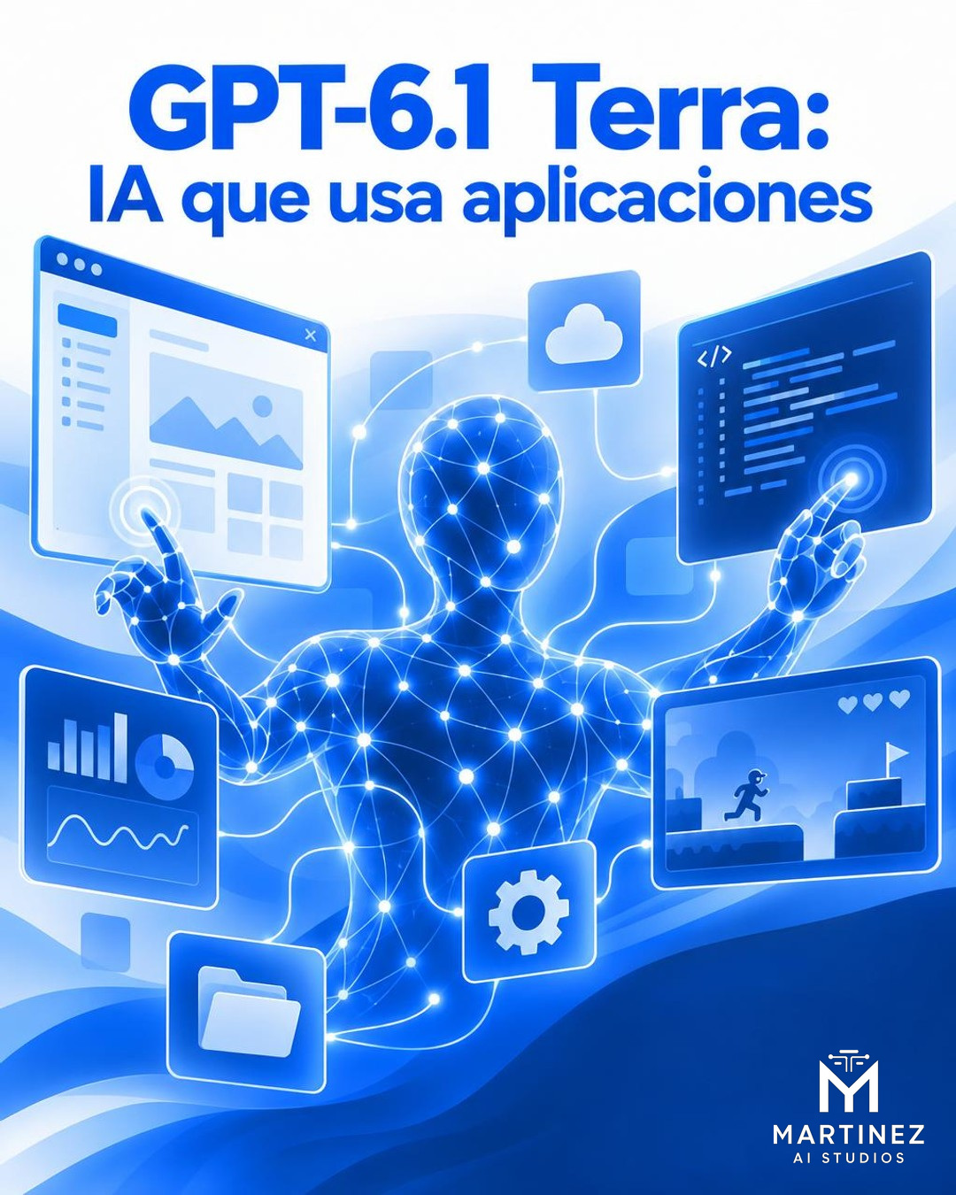 Ilustración editorial conceptual, en formato vertical 4:5, de un agente de inteligencia artificial coordinando visualmente varias ventanas abstractas de una aplicación, un editor de código y elementos de prototipado de videojuegos mediante conexiones azules y blancas; no es una fotografía ni una representación documental de un producto real.