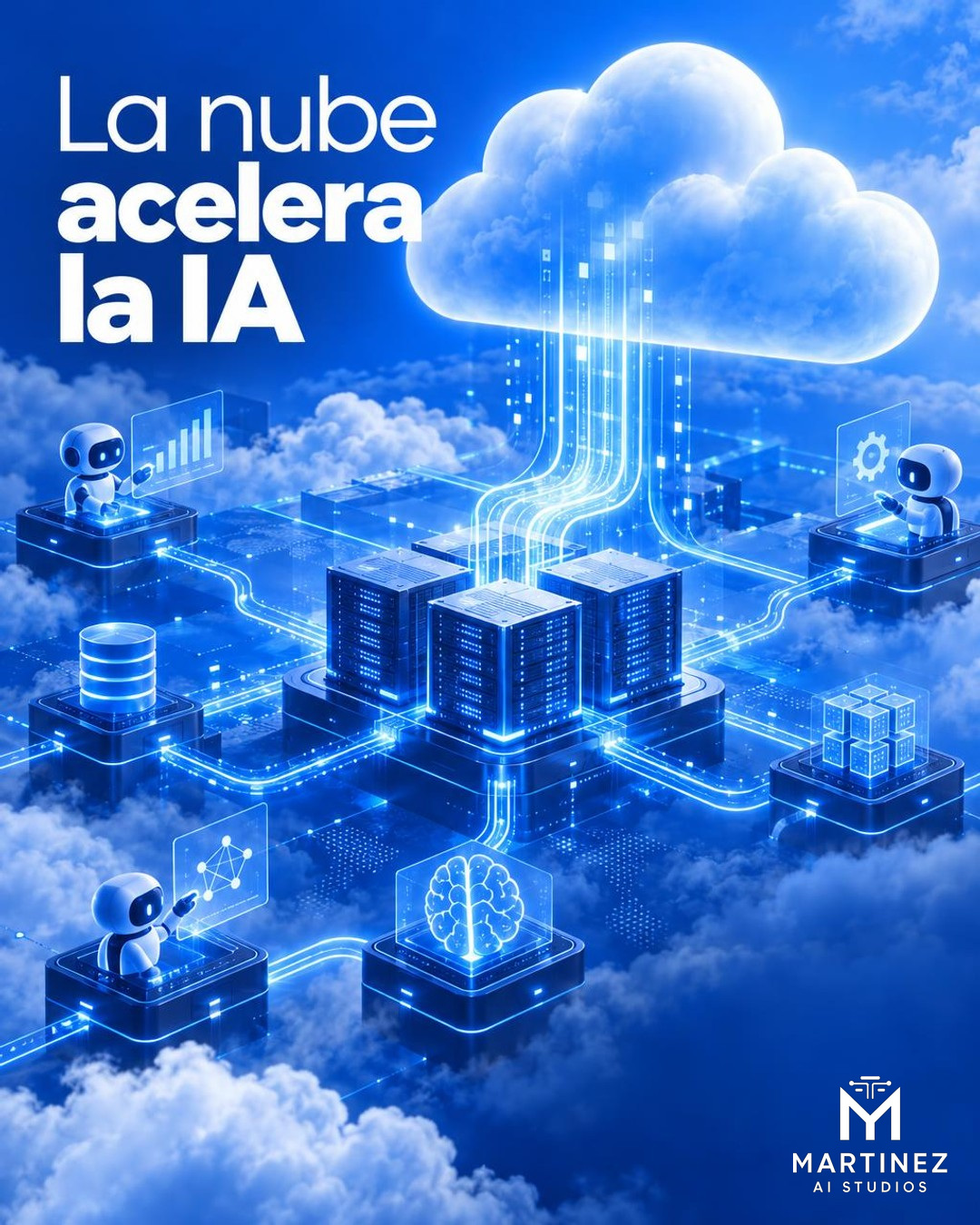 Ilustración editorial conceptual vertical sobre infraestructura de inteligencia artificial en la nube: nodos azules conectados, módulos abstractos de procesamiento y flujos de datos blancos alrededor de una nube luminosa. Incluye únicamente el título “La nube acelera la IA” como texto visible; no representa una fotografía real ni un producto específico.