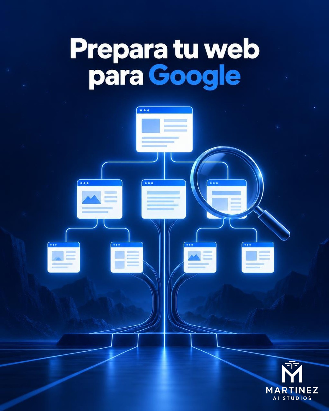 Ilustración conceptual de páginas web conectadas a un mapa de sitio y una lupa de búsqueda; no presenta rankings ni resultados garantizados. Logo oficial de Martinez AI Studios integrado sin fondo en la esquina inferior derecha.