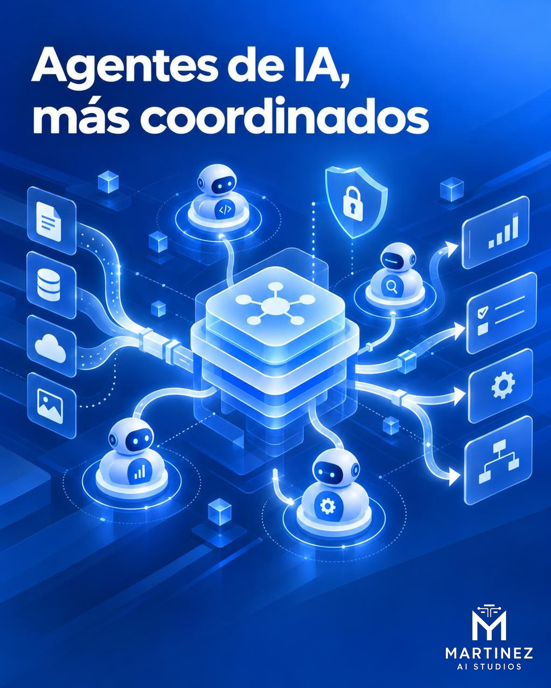 Ilustración editorial conceptual en formato vertical sobre agentes de inteligencia artificial coordinando tareas mediante una capa central de orquestación. Predominan el azul y el blanco; no representa una fotografía ni una interfaz real.