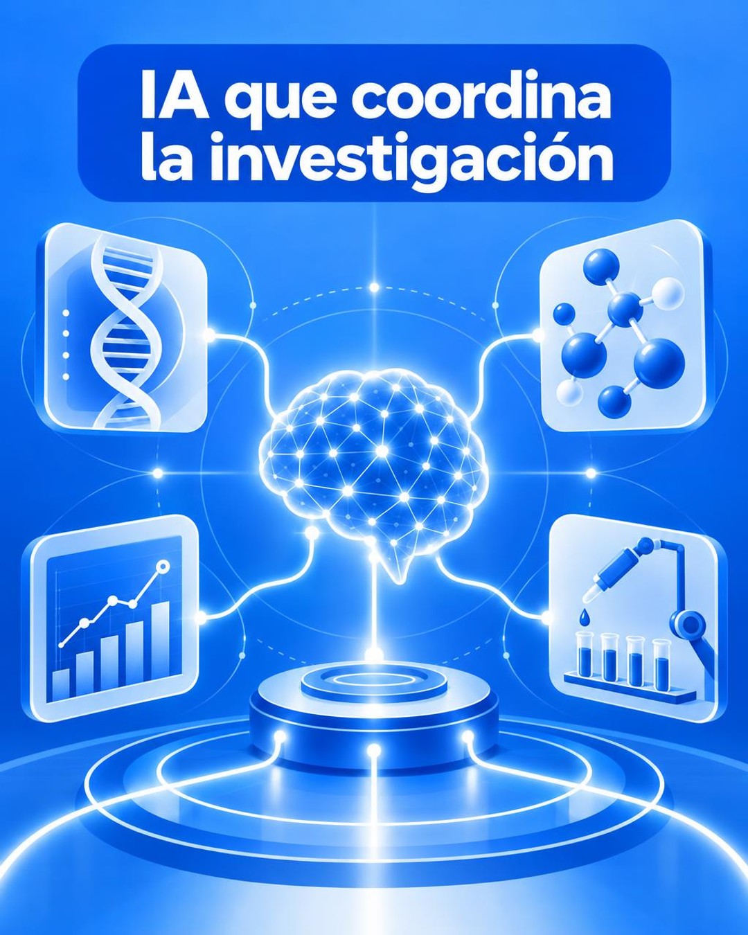 Ilustración editorial conceptual vertical de una red de inteligencia artificial coordinando herramientas científicas alrededor de una interfaz central, con elementos abstractos de genómica, química y flujos de trabajo; composición azul y blanca, sin representar una fotografía real.