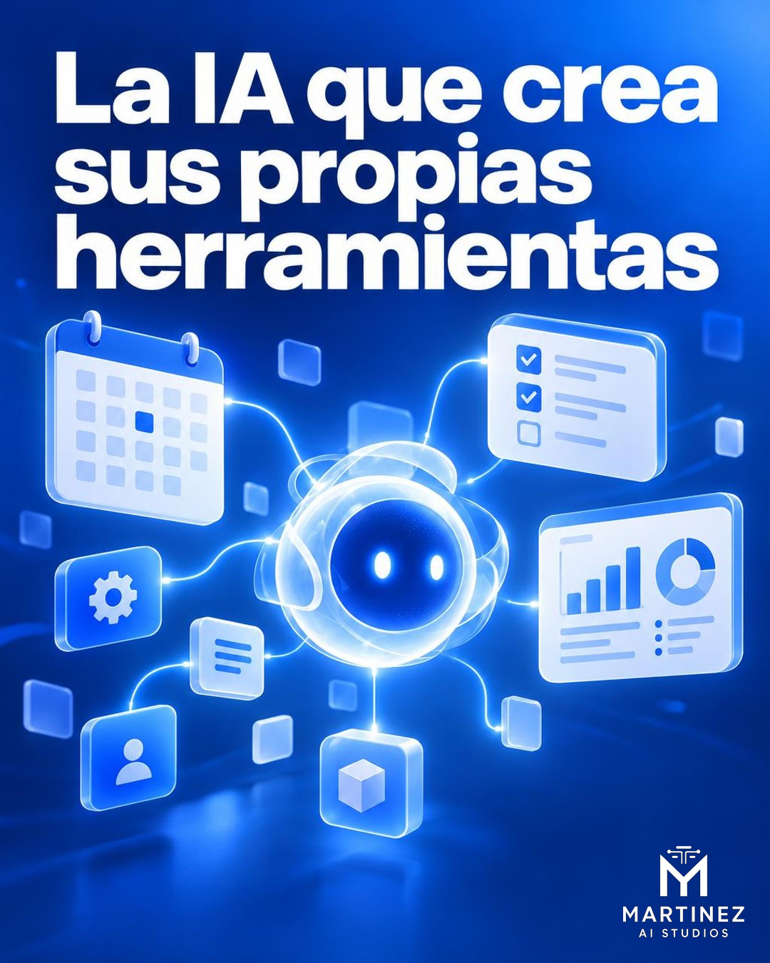 Ilustración editorial conceptual, en formato vertical, de un agente de inteligencia artificial azul y blanco que ensambla una miniaplicación personalizada a partir de módulos flotantes de calendario, panel de tareas, seguimiento y organización. No es una fotografía ni representa una interfaz o producto real.