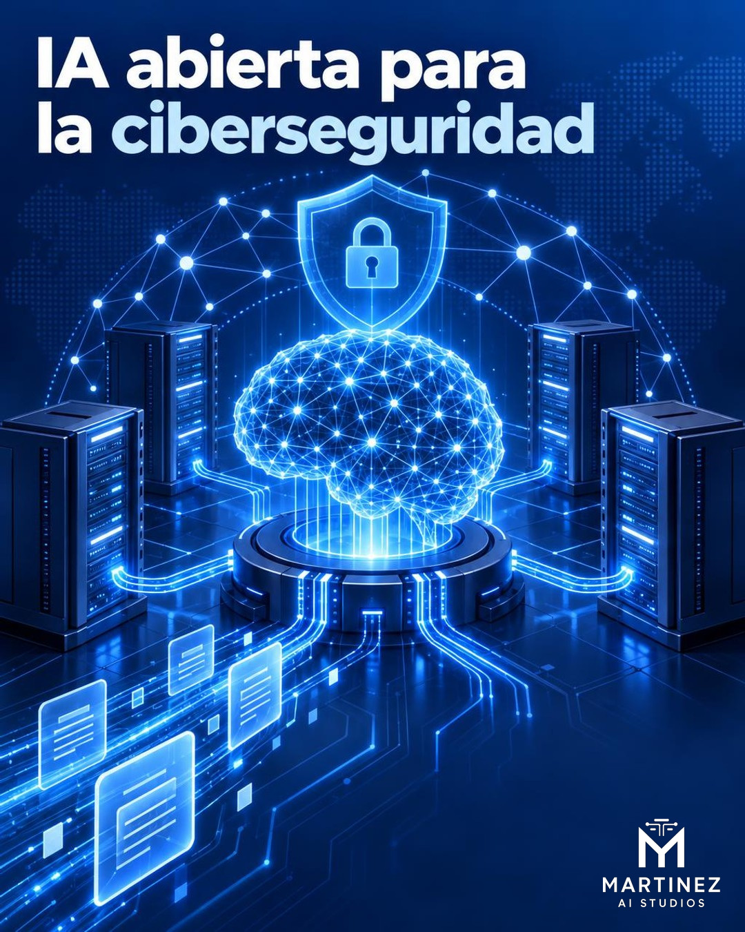 Ilustración editorial conceptual en formato vertical sobre inteligencia artificial y ciberseguridad: un núcleo azul de IA conectado a una red abstracta de servidores, escudos digitales y líneas de código, sobre fondo blanco y azul. No representa una fotografía real ni un producto específico. El único texto visible es el título «IA abierta para la ciberseguridad».