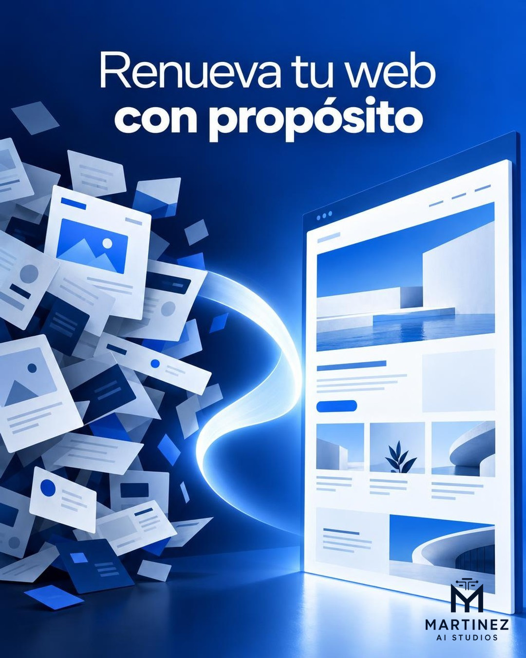 Ilustración conceptual de bloques de contenido web que se ordenan en una composición moderna y adaptable; no muestra resultados de un cliente real. Logo oficial de Martinez AI Studios integrado sin fondo en la esquina inferior derecha.