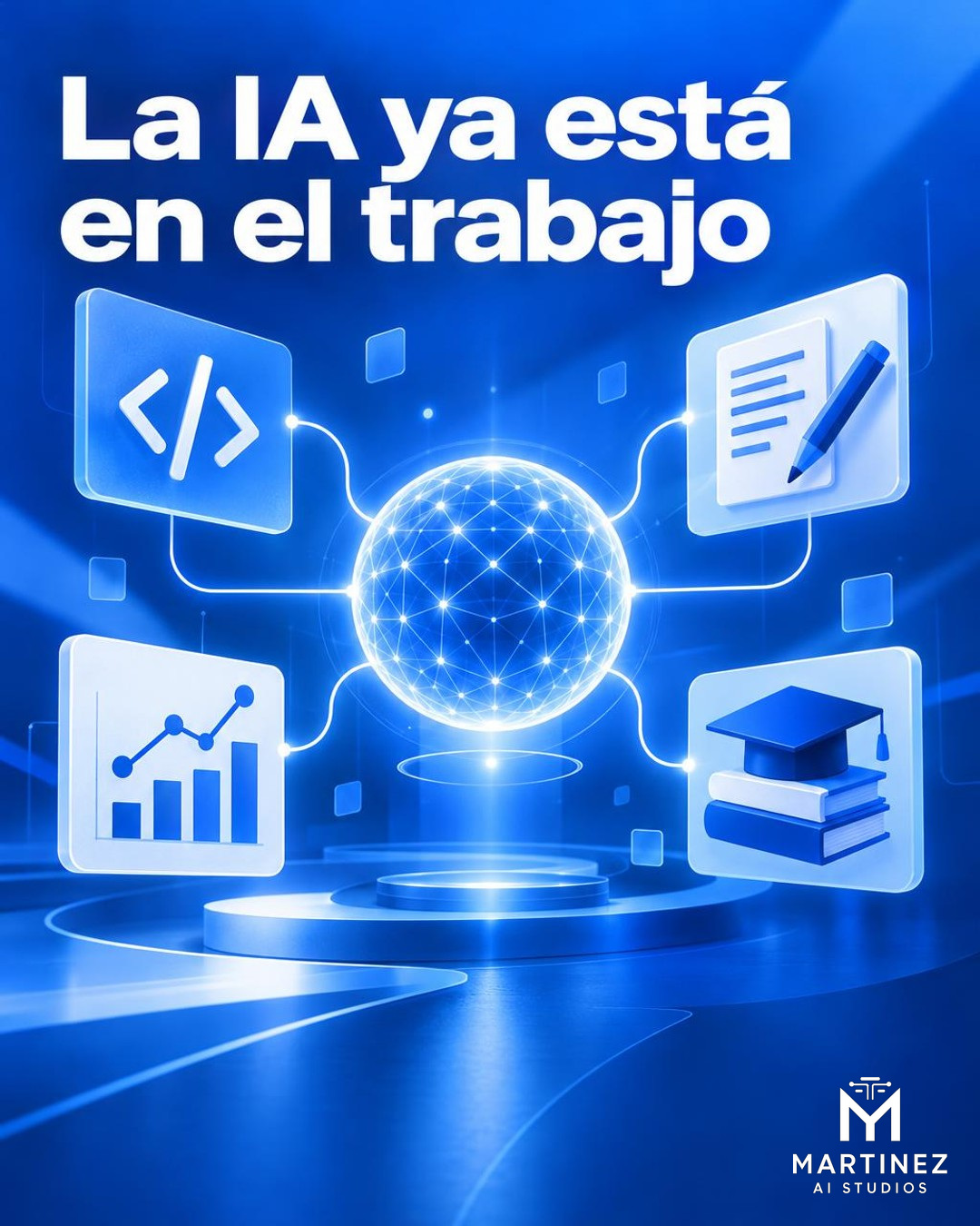 Ilustración editorial conceptual en formato vertical sobre el uso de la inteligencia artificial en el trabajo: una red azul conecta iconos abstractos de programación, contenidos, análisis y educación alrededor de una interfaz central, sobre fondo blanco y azul. Incluye únicamente el título “La IA ya está en el trabajo” como texto visible; no es una fotografía documental.