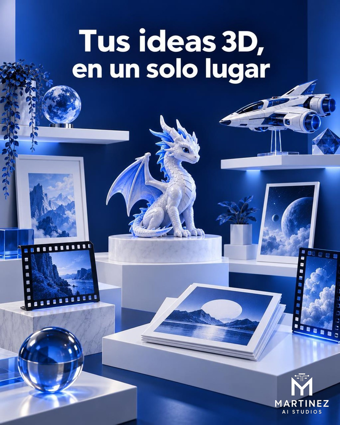 Ilustración conceptual de una biblioteca de recursos creativos con modelos 3D, referencias visuales y fotogramas, sin mostrar una interfaz real. Logo oficial de Martinez AI Studios integrado sin fondo en la esquina inferior derecha.