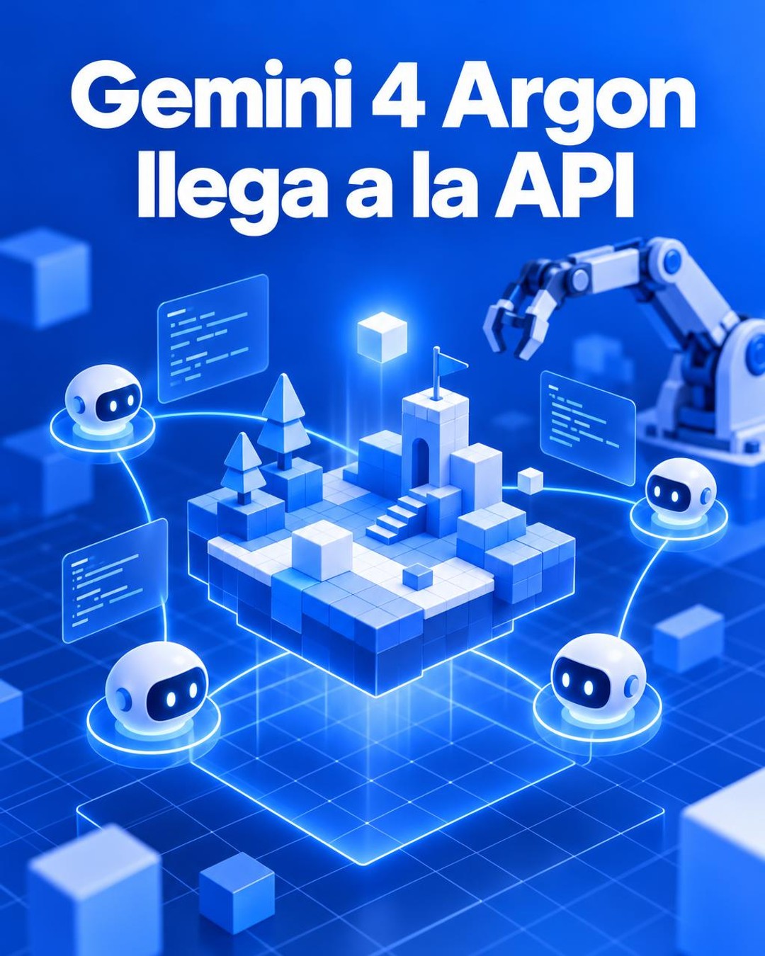 Ilustración editorial conceptual, en formato vertical 4:5, de un entorno abstracto de desarrollo de videojuegos conectado a una red de agentes de inteligencia artificial, con elementos visuales que evocan código, una escena 3D y robótica; composición azul y blanca, sin representar un producto o interfaz real.