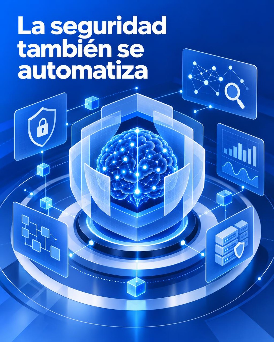 Ilustración editorial conceptual en formato vertical sobre seguridad en sistemas de inteligencia artificial: una red de nodos azules rodea un núcleo luminoso protegido por capas geométricas blancas, con elementos abstractos que evocan pruebas automatizadas e infraestructura de centros de datos. No es una fotografía documental.