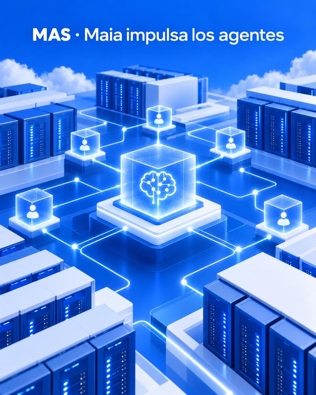 Ilustración editorial conceptual, no fotográfica, de una infraestructura de centros de datos azul y blanca conectada a nodos luminosos que representan agentes de inteligencia artificial; incluye únicamente el título «MAS · Maia impulsa los agentes».