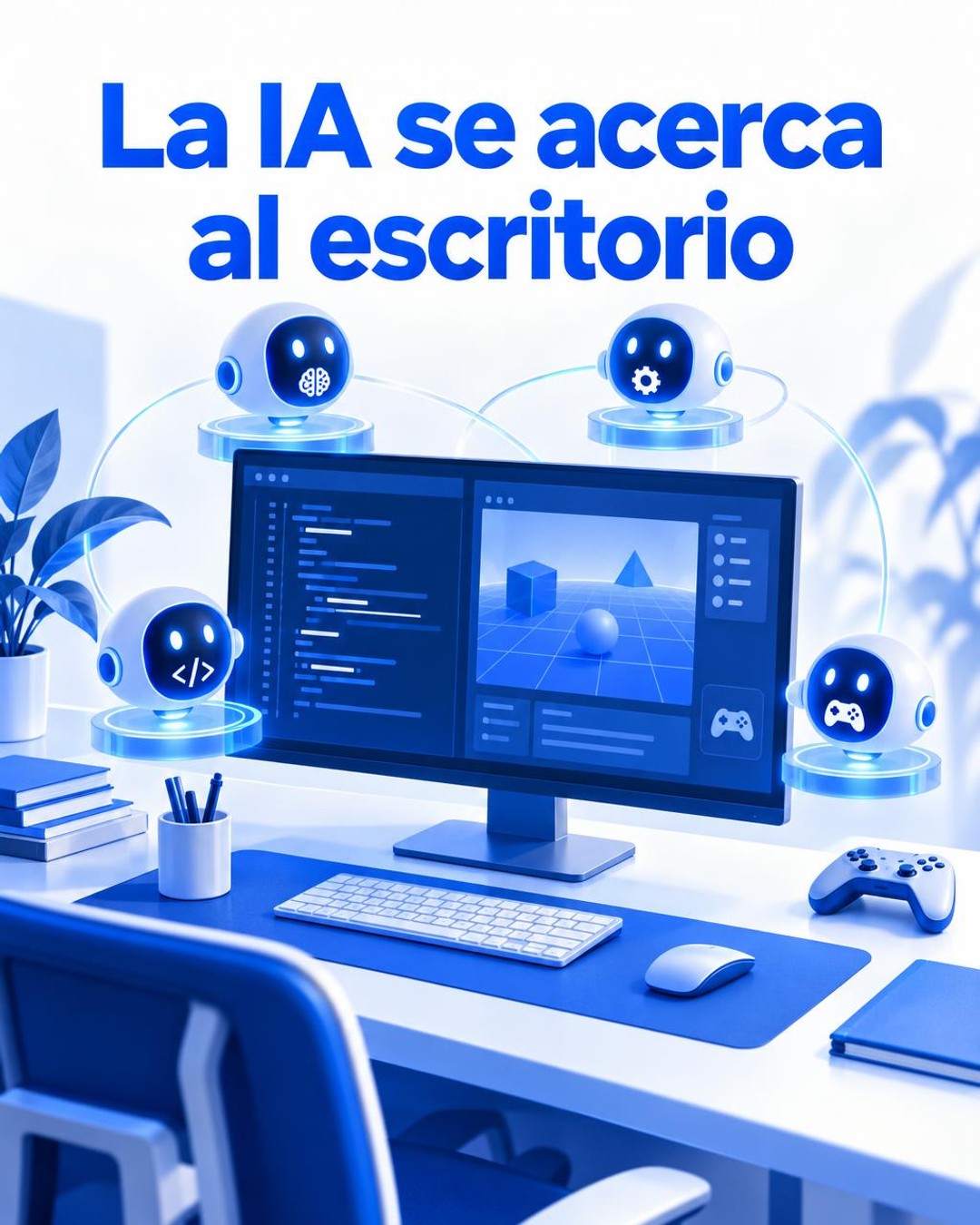 Ilustración editorial conceptual vertical sobre inteligencia artificial local: una estación de trabajo de escritorio conectada visualmente a pequeños agentes digitales y elementos abstractos de desarrollo de videojuegos, en una composición profesional azul y blanca. No es una fotografía documental.