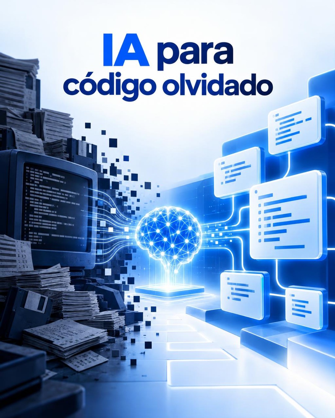 Ilustración editorial conceptual en formato vertical de una pantalla abstracta con bloques de código antiguos que se transforman en módulos modernos mediante una red azul y blanca; no es una fotografía ni representa un producto real.