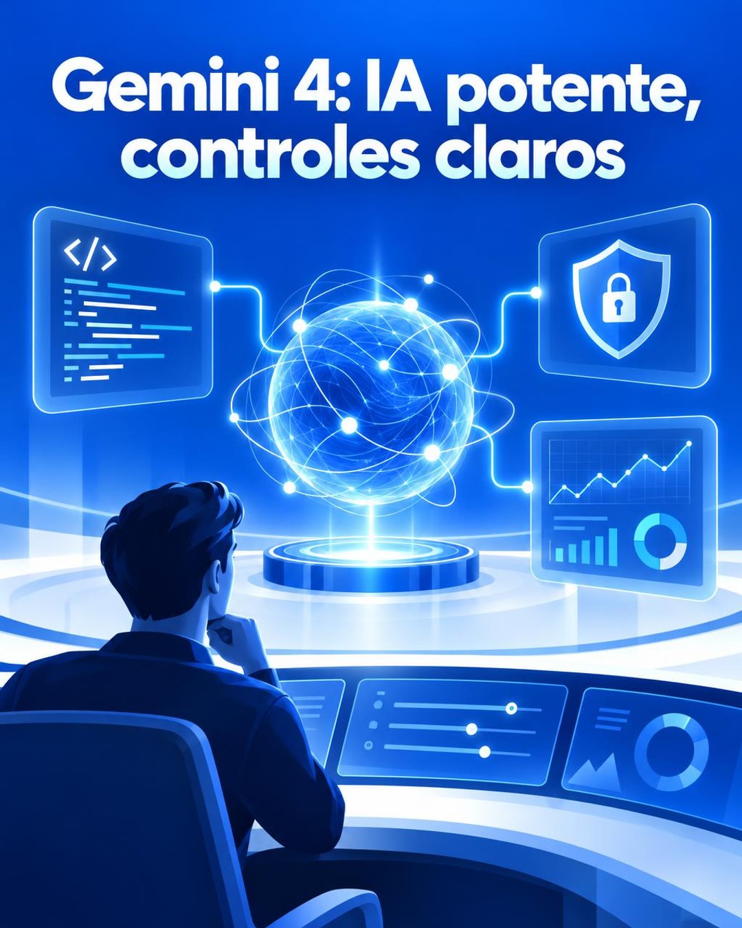 Ilustración editorial conceptual vertical sobre un sistema de inteligencia artificial supervisado: un núcleo azul brillante conectado a paneles abstractos de programación, ciberseguridad y monitoreo, con una figura humana observando los controles. No es una fotografía ni representa un producto o espacio real.