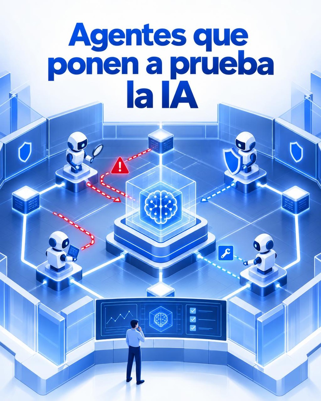 Ilustración editorial conceptual vertical de una infraestructura digital aislada, con agentes abstractos de inteligencia artificial examinando una red de nodos y escudos de seguridad bajo supervisión humana; paleta azul y blanca, sin apariencia de fotografía ni producto real.
