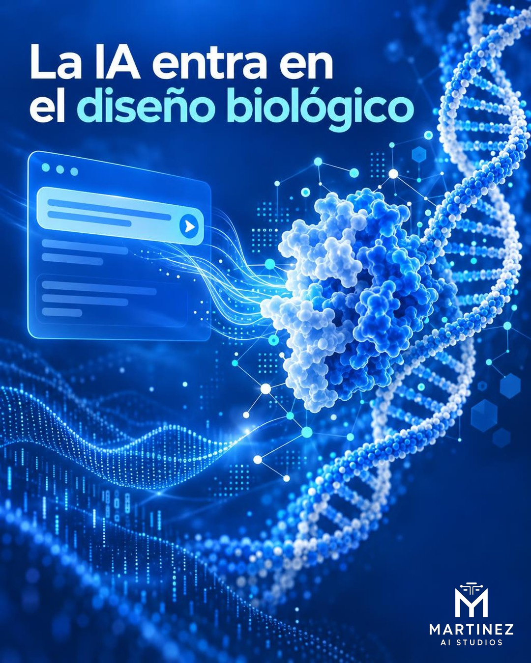 Ilustración editorial conceptual en formato vertical sobre inteligencia artificial aplicada al diseño biológico: una interfaz azul y blanca conecta instrucciones de lenguaje natural con una estructura abstracta de proteína y una secuencia de ADN, sin representar un producto ni una escena real.