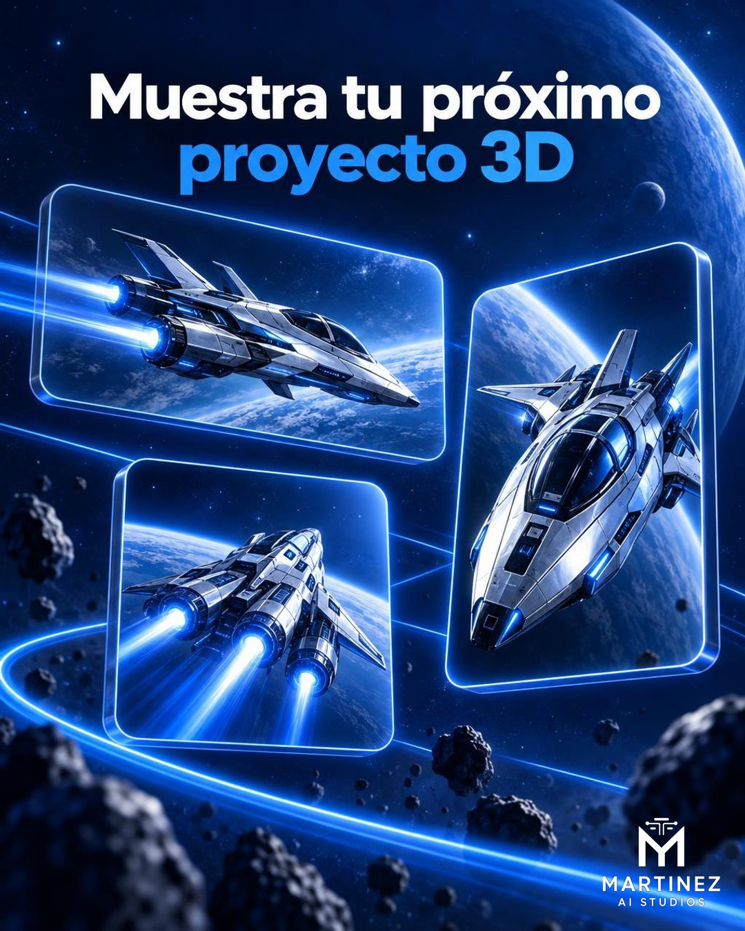 Ilustración conceptual de una nave 3D presentada en encuadres horizontal, vertical y cuadrado, sin representar funciones automáticas de redes sociales. Logo oficial de Martinez AI Studios integrado sin fondo en la esquina inferior derecha.