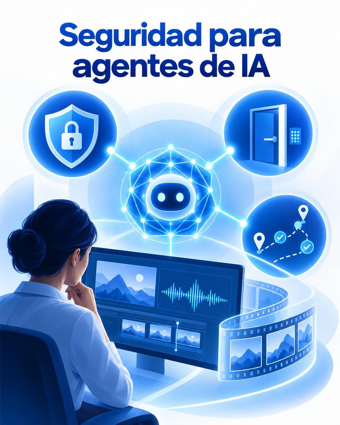 Ilustración editorial conceptual, en formato vertical 4:5, sobre la seguridad de los agentes de inteligencia artificial en flujos de creación de contenido: un núcleo azul representa a un agente conectado a nodos de permisos, supervisión y trazabilidad, con elementos abstractos de medios digitales al fondo. No es una fotografía documental.