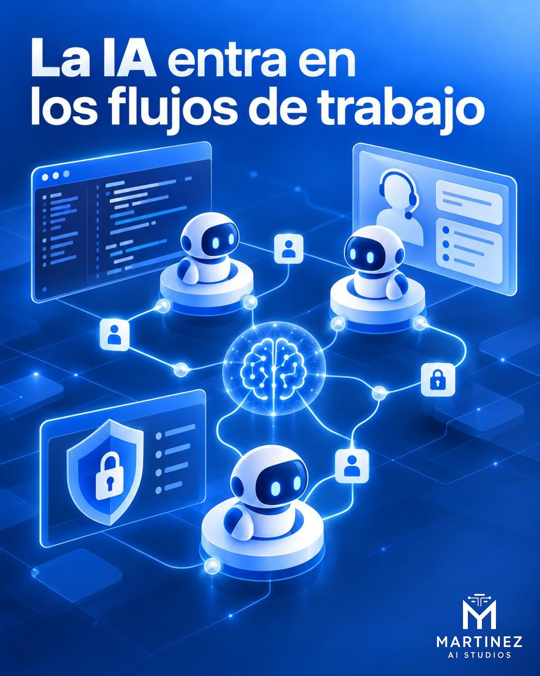 Ilustración editorial conceptual, no fotografía documental: una interfaz abstracta de inteligencia artificial conecta módulos de soporte de TI, desarrollo de software y ciberseguridad mediante líneas luminosas azules sobre un fondo blanco.