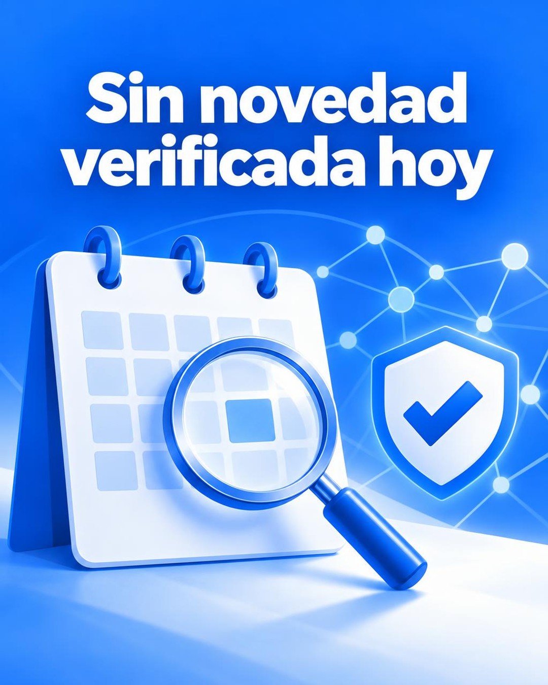 Ilustración editorial conceptual vertical de un panel azul y blanco con una lupa sobre un calendario y nodos digitales, representando la verificación de noticias tecnológicas; no es una fotografía ni muestra un producto o espacio real.