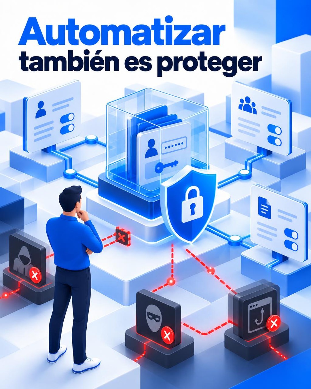 Ilustración editorial conceptual en formato vertical sobre automatización segura: un sistema digital azul y blanco con controles de acceso, credenciales protegidas y una figura humana supervisando conexiones que intentan desviarse hacia sitios falsos. No es una fotografía ni representa una escena real.