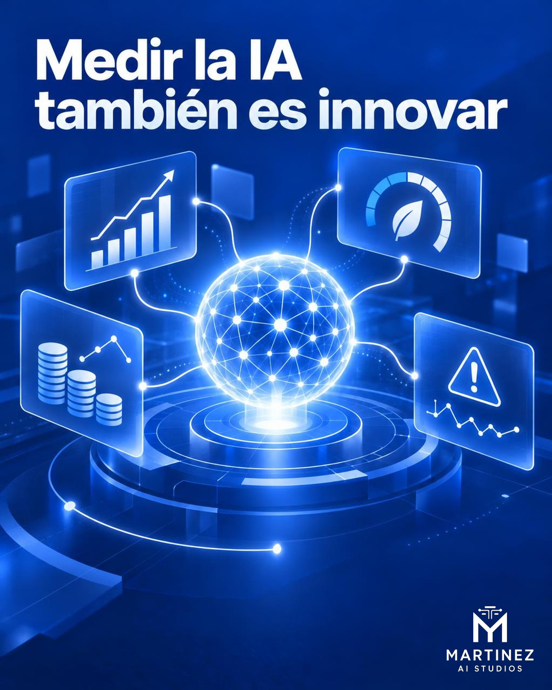 Ilustración editorial conceptual en formato vertical sobre la medición del rendimiento de la inteligencia artificial empresarial: paneles abstractos azules y blancos muestran métricas, flujo de trabajo, consumo y optimización alrededor de un núcleo de IA. No es una fotografía ni representa una interfaz o producto real.