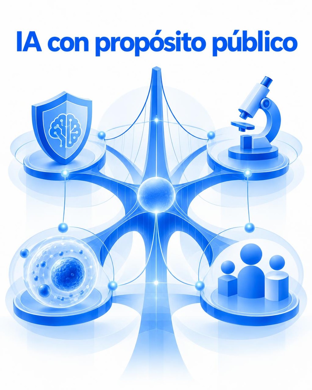 Ilustración editorial conceptual en formato vertical sobre inteligencia artificial con propósito público: una estructura abstracta azul y blanca conecta un núcleo de IA con símbolos visuales de investigación científica, seguridad, organizaciones sociales y gobernanza; no es una fotografía documental.