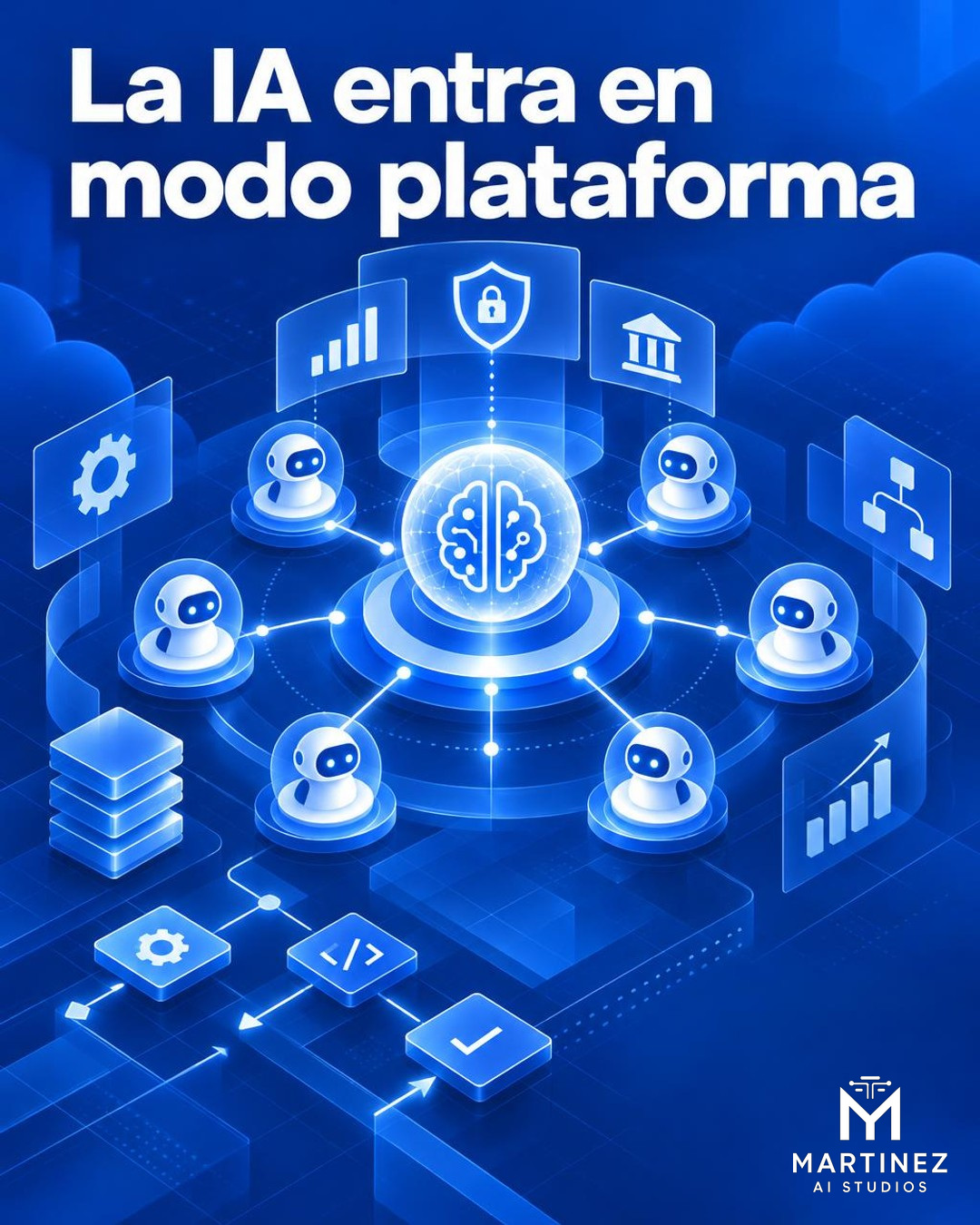 Ilustración editorial conceptual en formato vertical sobre una plataforma de agentes de inteligencia artificial: varios nodos azules coordinados alrededor de un panel central con señales abstractas de observabilidad, seguridad y gobierno, sobre fondo blanco. No es una fotografía ni representa un producto o espacio real.