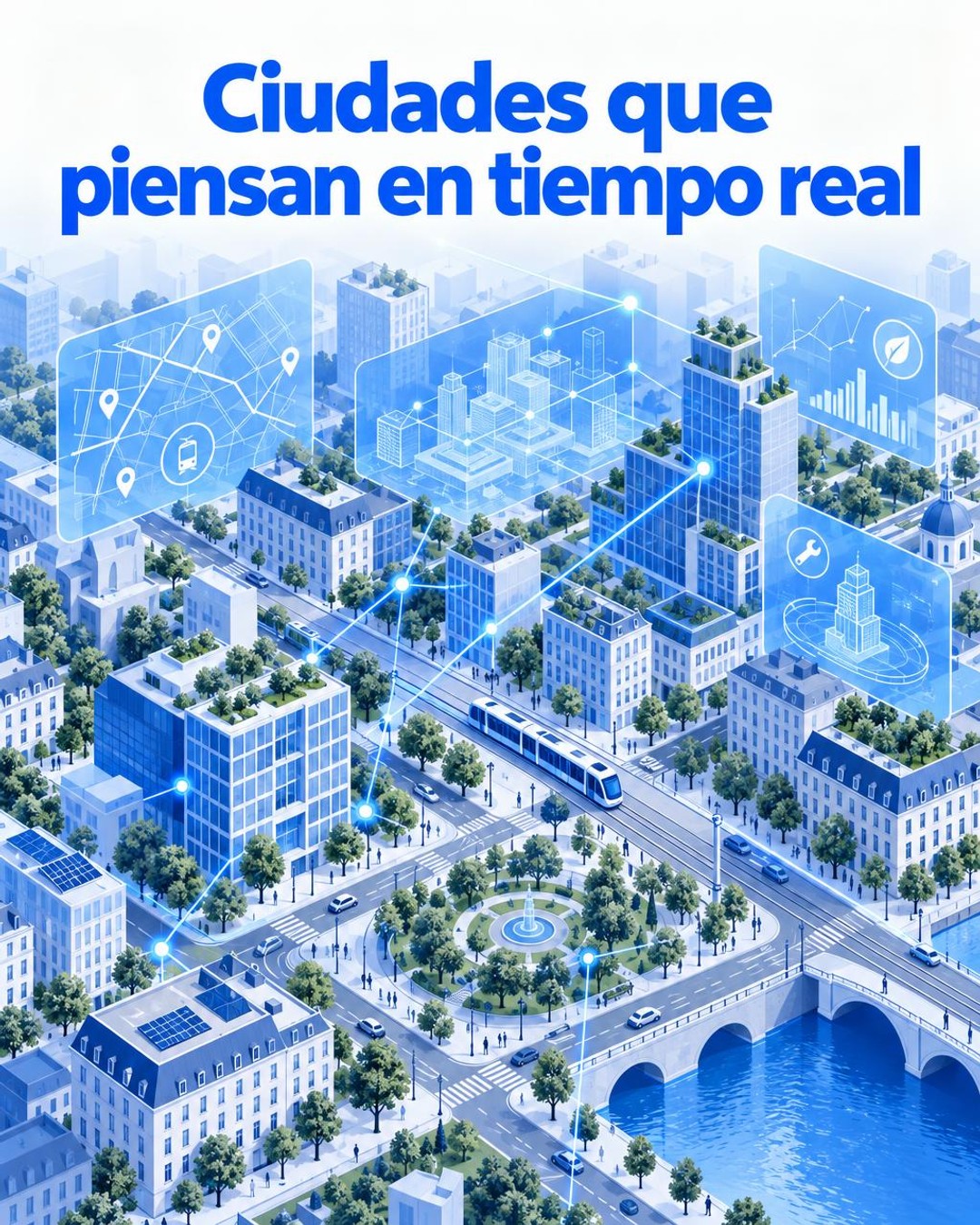 Ilustración editorial conceptual en formato vertical de una ciudad europea inteligente vista desde arriba, con calles, edificios y transporte conectados por líneas azules de datos; un panel abstracto representa un gemelo digital y pequeños nodos simbolizan agentes de inteligencia artificial coordinando mantenimiento, movilidad y energía. Estilo tecnológico profesional, paleta azul y blanca, sin apariencia de fotografía documental y sin logotipos.