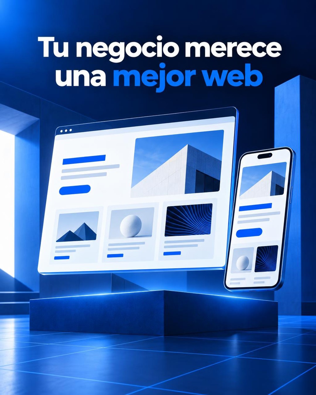 Ilustración conceptual de un sitio empresarial adaptable a ordenador y teléfono, con una arquitectura de páginas clara; no es un proyecto de cliente real.