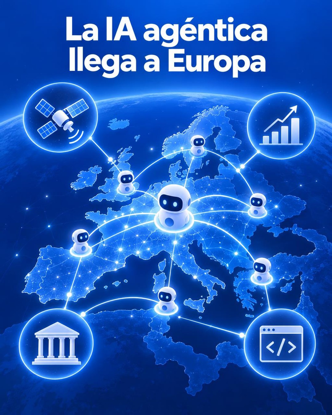 Ilustración editorial conceptual vertical de una red de agentes de inteligencia artificial conectando un entorno europeo abstracto con símbolos visuales de ciencia, finanzas, sector público y desarrollo de software; composición azul y blanca, sin representar una fotografía real.