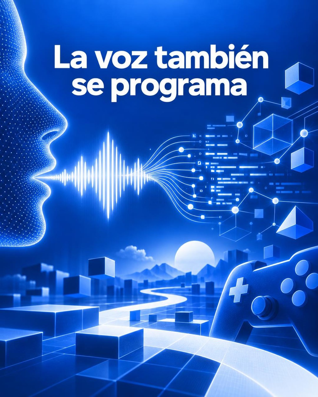 Ilustración editorial conceptual, no fotográfica, de una interfaz de voz generada por inteligencia artificial: ondas sonoras azules transformándose en nodos de código y elementos abstractos de videojuegos sobre un fondo blanco y azul. Incluye únicamente el título “La voz también se programa” como texto visible.